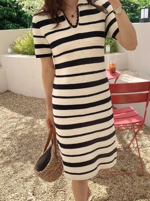 New V-neck Casual Striped Knit Casual Short Dress CODE: KAR4961