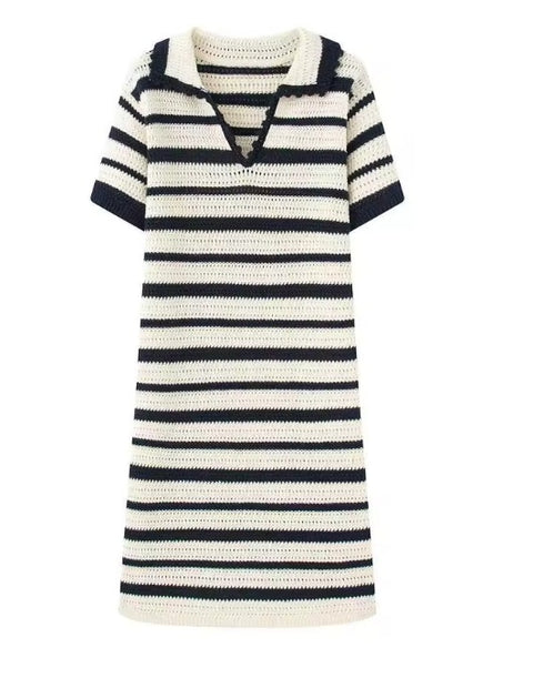 New V-neck Casual Striped Knit Casual Short Dress CODE: KAR4961