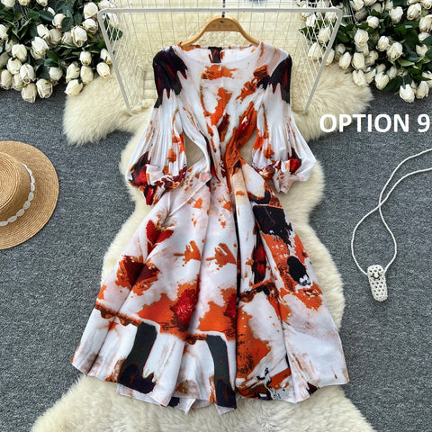 New Retro Elegant A-line lantern sleeve print long sleeve Dress CODE: KAR4964
