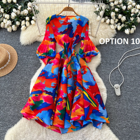 New Retro Elegant A-line lantern sleeve print long sleeve Dress CODE: KAR4964
