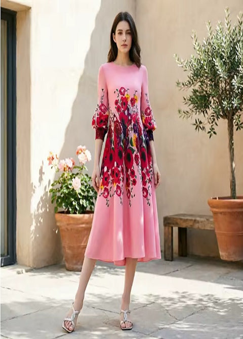 New Retro Elegant A-line lantern sleeve print long sleeve Dress CODE: KAR4964