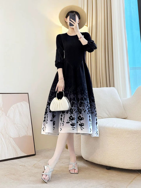 New Retro Elegant A-line lantern sleeve print long sleeve Dress CODE: KAR4964