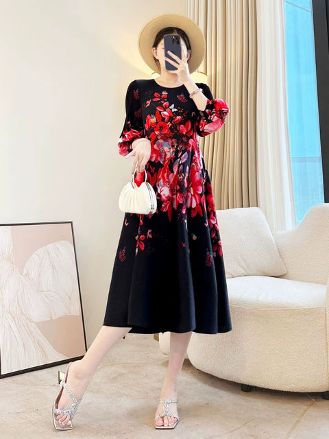 New Retro Elegant A-line lantern sleeve print long sleeve Dress CODE: KAR4964