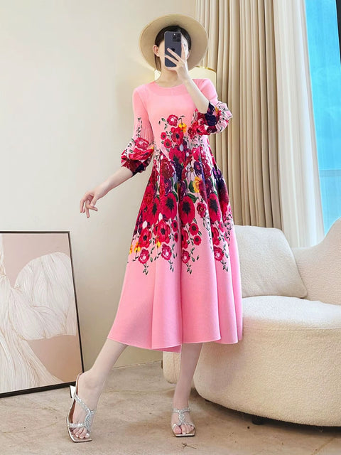 New Retro Elegant A-line lantern sleeve print long sleeve Dress CODE: KAR4964