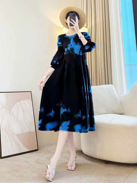 New Retro Elegant A-line lantern sleeve print long sleeve Dress CODE: KAR4964