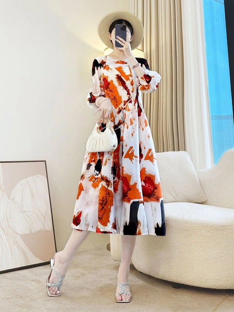 New Retro Elegant A-line lantern sleeve print long sleeve Dress CODE: KAR4964