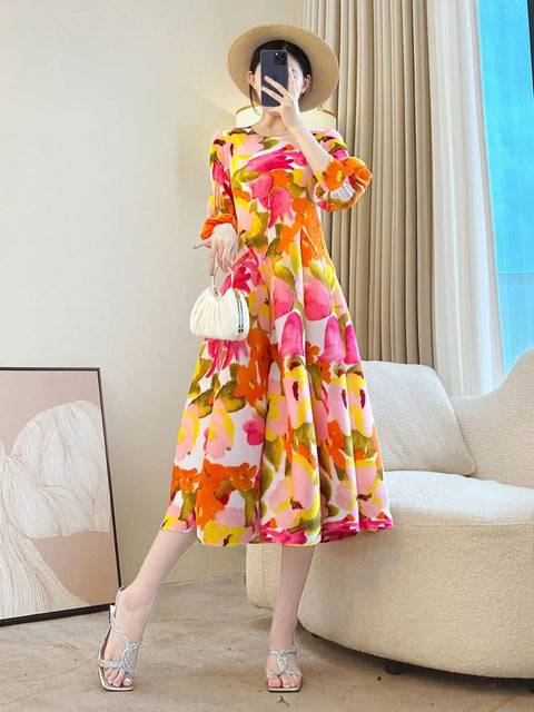 New Retro Elegant A-line lantern sleeve print long sleeve Dress CODE: KAR4964