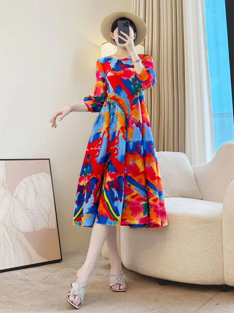 New Retro Elegant A-line lantern sleeve print long sleeve Dress CODE: KAR4964