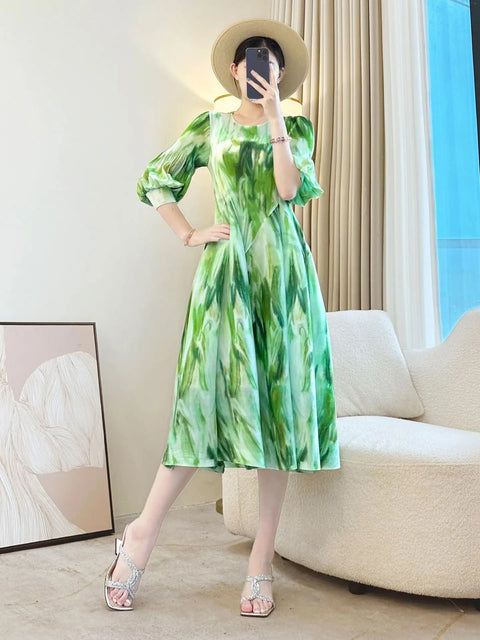 New Retro Elegant A-line lantern sleeve print long sleeve Dress CODE: KAR4964