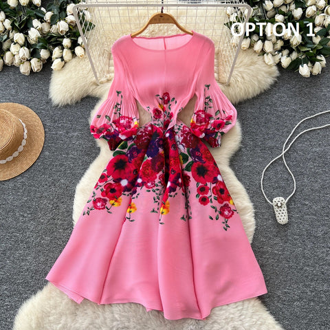 New Retro Elegant A-line lantern sleeve print long sleeve Dress CODE: KAR4964