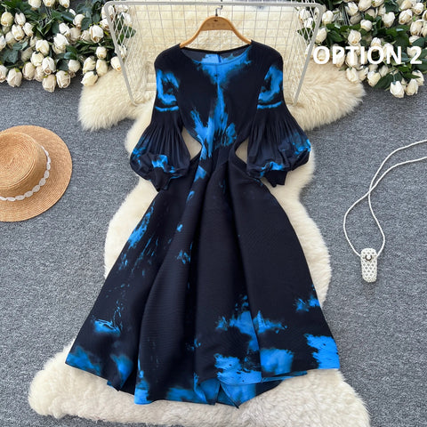New Retro Elegant A-line lantern sleeve print long sleeve Dress CODE: KAR4964