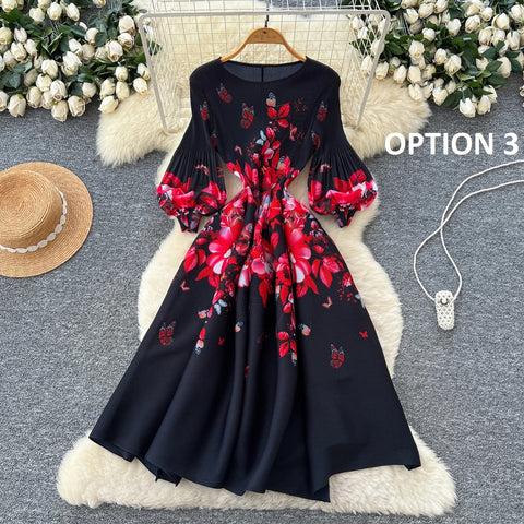 New Retro Elegant A-line lantern sleeve print long sleeve Dress CODE: KAR4964