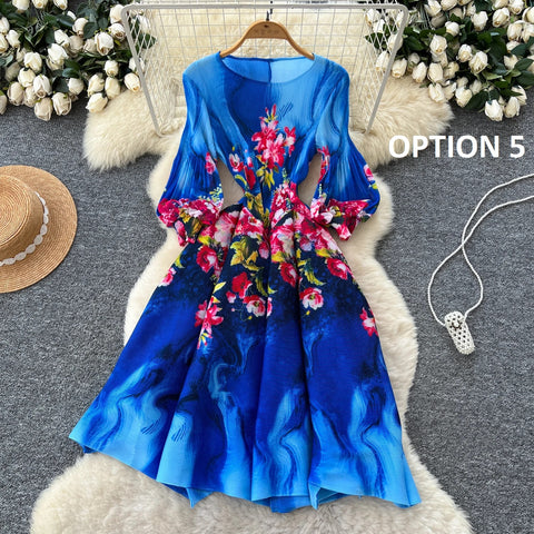New Retro Elegant A-line lantern sleeve print long sleeve Dress CODE: KAR4964