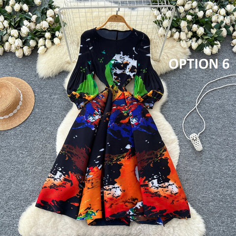 New Retro Elegant A-line lantern sleeve print long sleeve Dress CODE: KAR4964