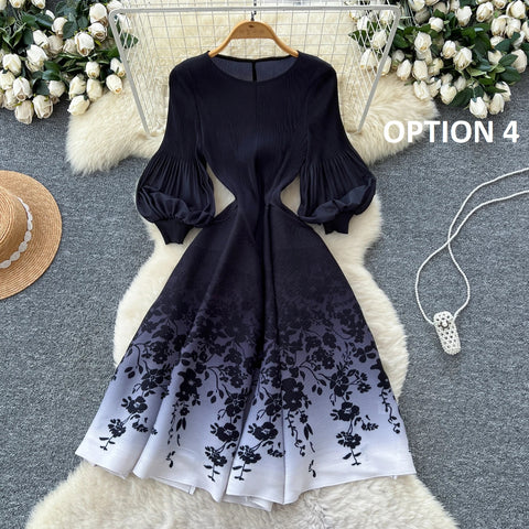 New Retro Elegant A-line lantern sleeve print long sleeve Dress CODE: KAR4964