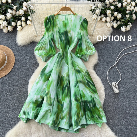New Retro Elegant A-line lantern sleeve print long sleeve Dress CODE: KAR4964