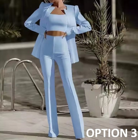 New Full Sleeve Strapless Coats Blazer Long Pant Three Piece Set CODE: KAR4970