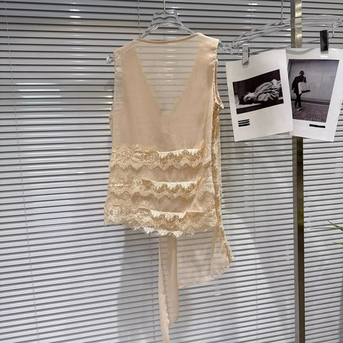 New Fashion Asymmetrical Twist Design Lace Patchwork Tank Top CODE: KAR4973