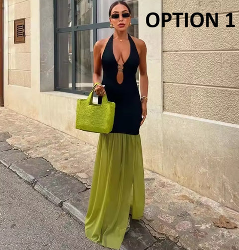 New Neck Color Block Cutout Backless Maxi Long Dress CODE: KAR4974