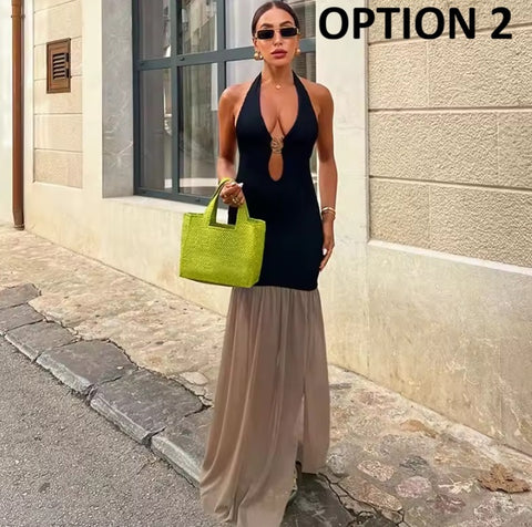 New Neck Color Block Cutout Backless Maxi Long Dress CODE: KAR4974