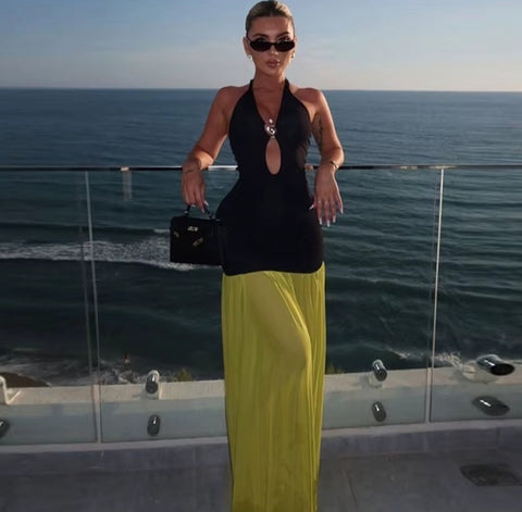 New Neck Color Block Cutout Backless Maxi Long Dress CODE: KAR4974