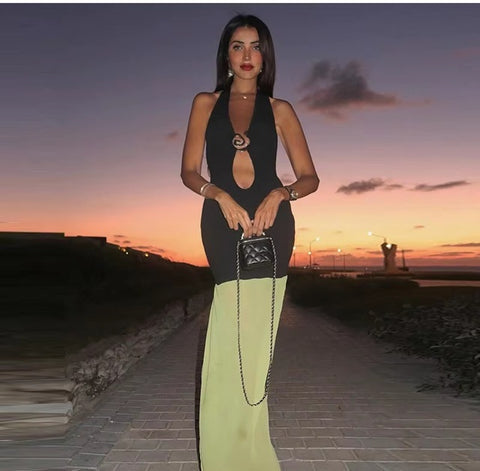 New Neck Color Block Cutout Backless Maxi Long Dress CODE: KAR4974