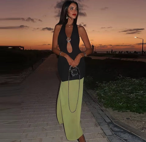 New Neck Color Block Cutout Backless Maxi Long Dress CODE: KAR4974