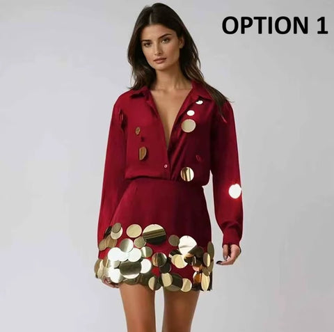 New Elegant Long Sleeve Shirt With High Waist Mini Skirt Set CODE: KAR4975