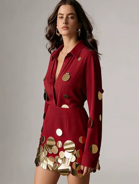 New Elegant Long Sleeve Shirt With High Waist Mini Skirt Set CODE: KAR4975