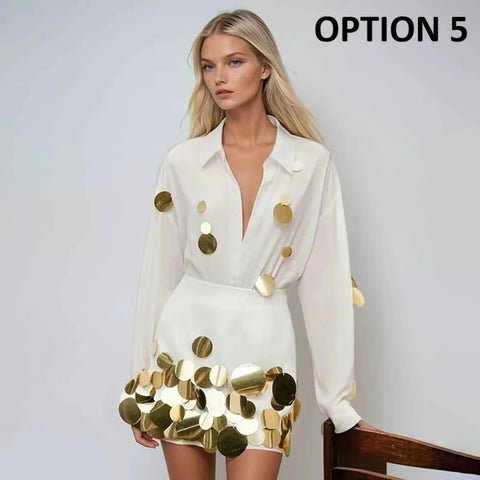 New Elegant Long Sleeve Shirt With High Waist Mini Skirt Set CODE: KAR4975