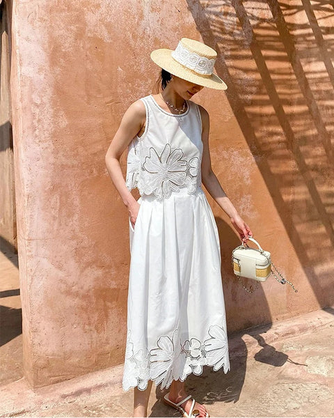 New Embroidery Hollow Out Sleeveless Tops+Midi Skirt Sets CODE: KAR4976