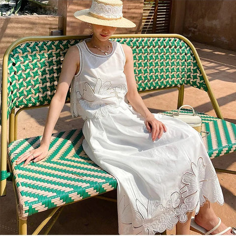 New Embroidery Hollow Out Sleeveless Tops+Midi Skirt Sets CODE: KAR4976