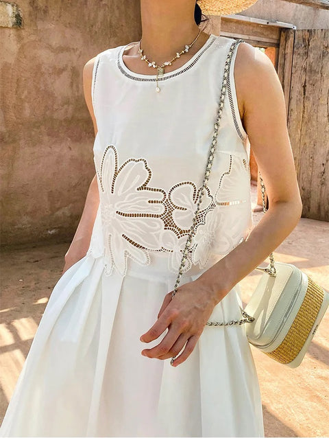 New Embroidery Hollow Out Sleeveless Tops+Midi Skirt Sets CODE: KAR4976