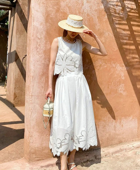 New Embroidery Hollow Out Sleeveless Tops+Midi Skirt Sets CODE: KAR4976