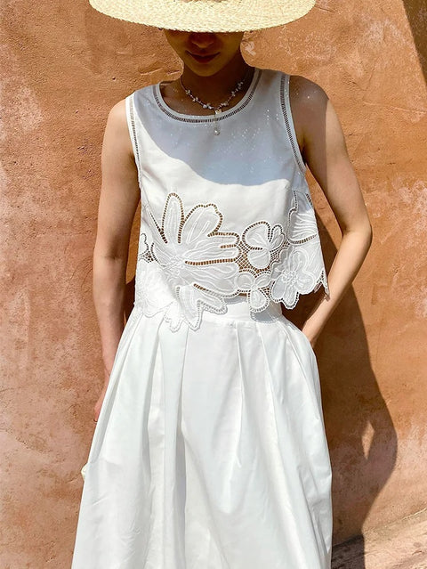 New Embroidery Hollow Out Sleeveless Tops+Midi Skirt Sets CODE: KAR4976