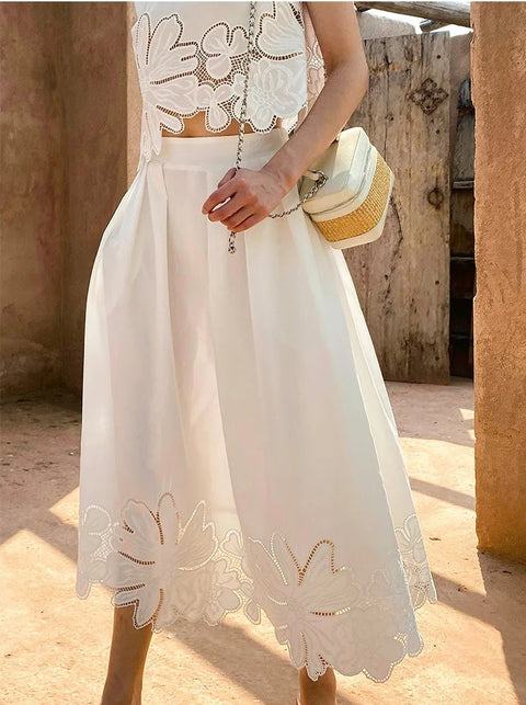 New Embroidery Hollow Out Sleeveless Tops+Midi Skirt Sets CODE: KAR4976