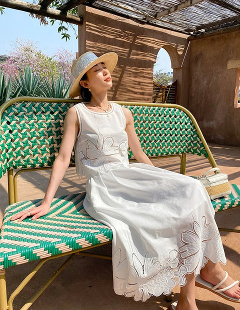 New Embroidery Hollow Out Sleeveless Tops+Midi Skirt Sets CODE: KAR4976