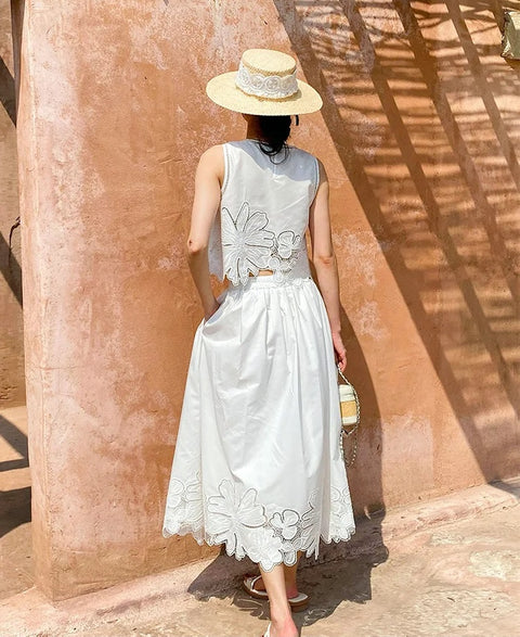 New Embroidery Hollow Out Sleeveless Tops+Midi Skirt Sets CODE: KAR4976