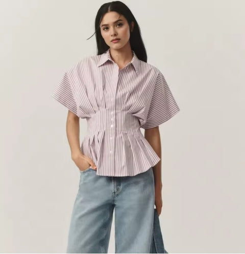 New Casual Versatile Striped Pleated Slimming Collar Top CODE: KAR4978