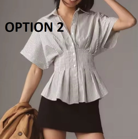 New Casual Versatile Striped Pleated Slimming Collar Top CODE: KAR4978