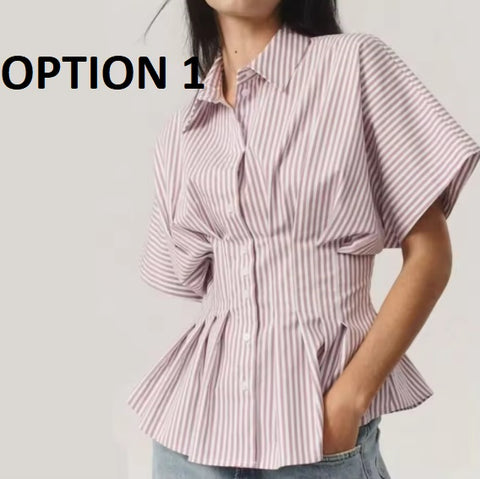New Casual Versatile Striped Pleated Slimming Collar Top CODE: KAR4978