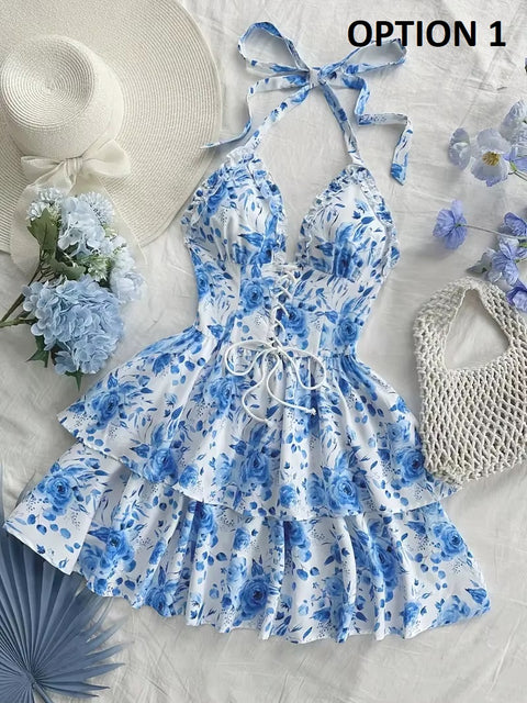 New Lace Up Halter Ruffle Rose Flower Mini Dresses CODE: KAR4982