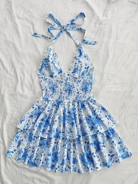 New Lace Up Halter Ruffle Rose Flower Mini Dresses CODE: KAR4982