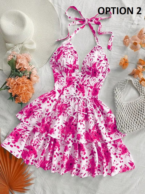 New Lace Up Halter Ruffle Rose Flower Mini Dresses CODE: KAR4982