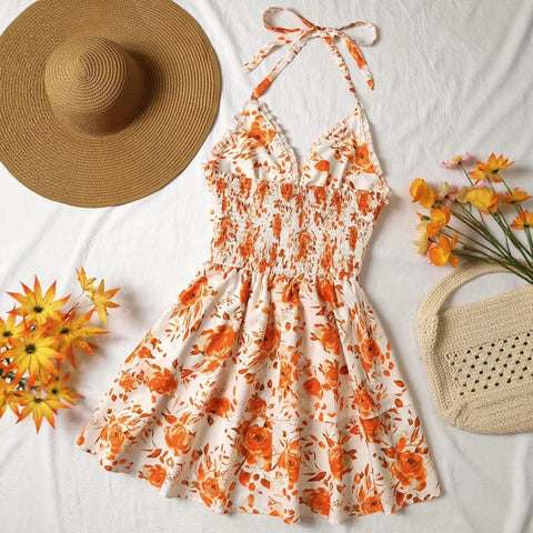 New Lace Up Halter Ruffle Rose Flower Mini Dresses CODE: KAR4982