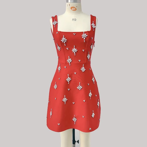 New Spaghetti Strap rosette Hand-sewn Rhinestones A-line dress CODE: KAR4991