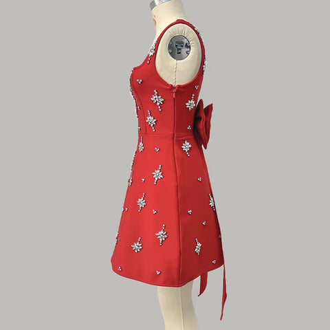 New Spaghetti Strap rosette Hand-sewn Rhinestones A-line dress CODE: KAR4991