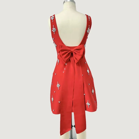New Spaghetti Strap rosette Hand-sewn Rhinestones A-line dress CODE: KAR4991