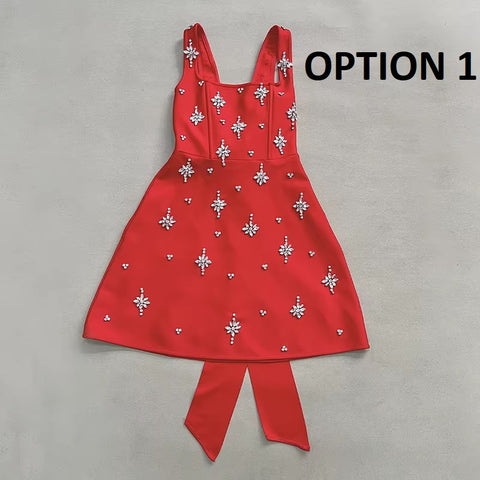 New Spaghetti Strap rosette Hand-sewn Rhinestones A-line dress CODE: KAR4991