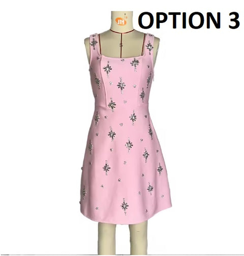 New Spaghetti Strap rosette Hand-sewn Rhinestones A-line dress CODE: KAR4991